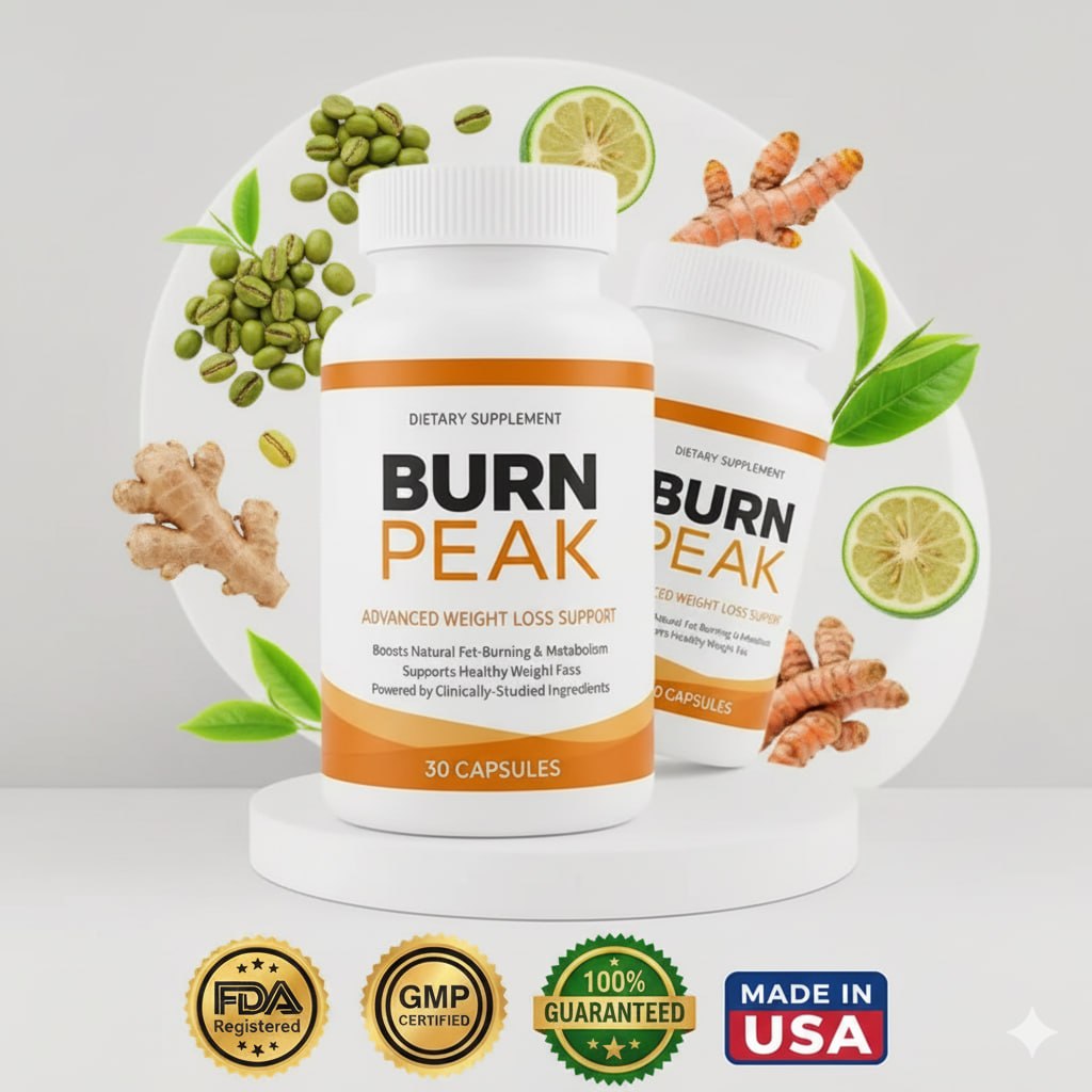 Burn Peak bottles surrounded by natural botanical ingredients including green coffee beans, ginger, turmeric, citrus and green tea leaves