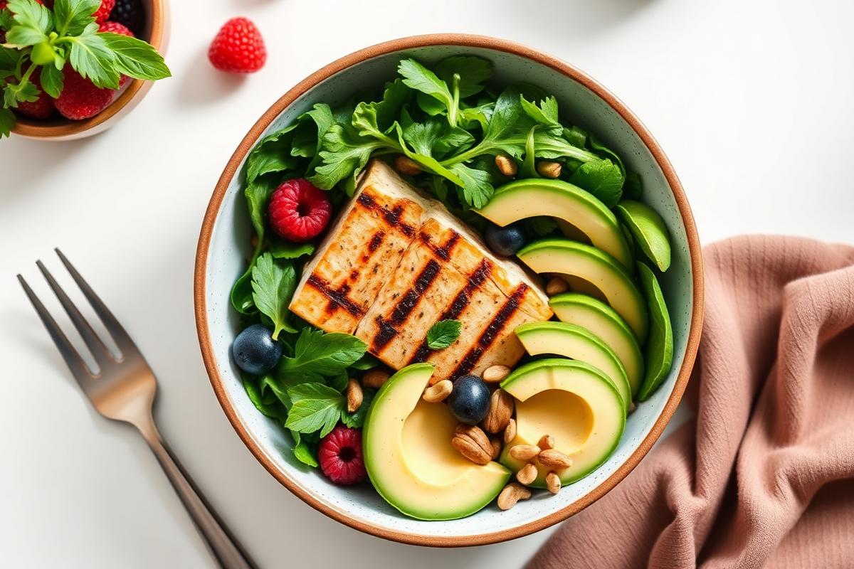 Balanced meal bowl with grilled protein, leafy greens, avocado and berries