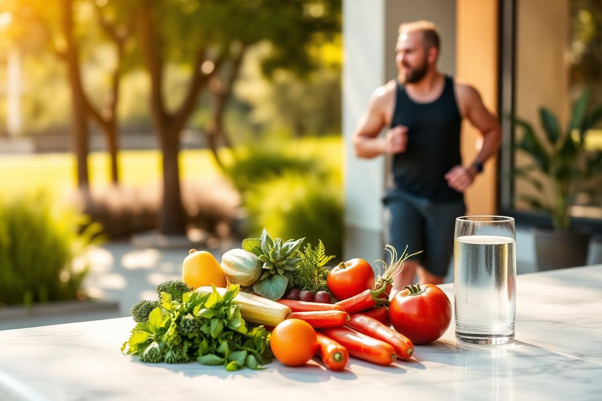 Active adult jogging outdoors with fresh vegetables and a glass of water on a counter