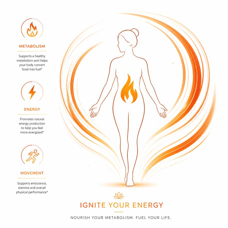 Illustration of metabolism, energy and movement support with orange energy arcs